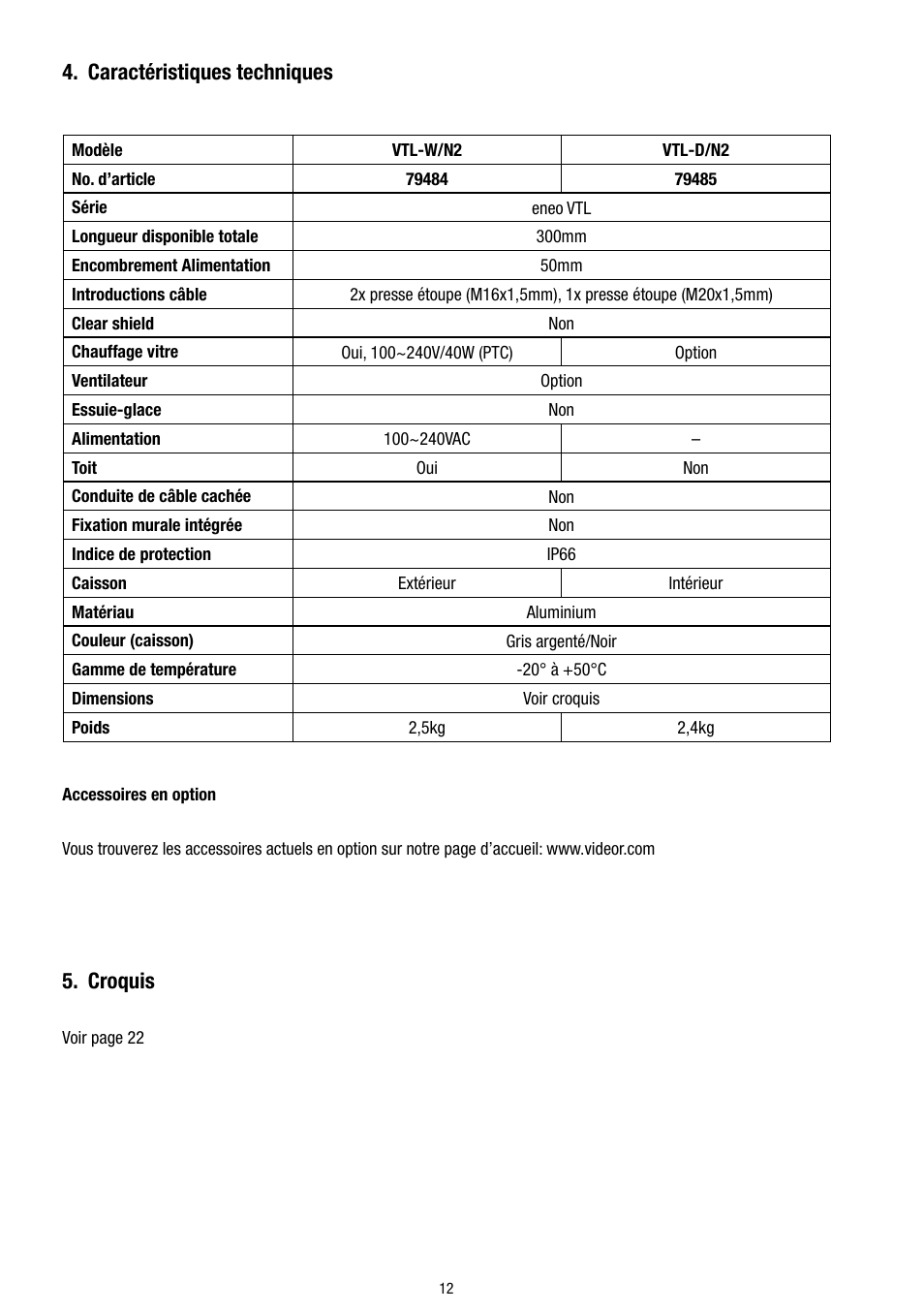 Caractéristiques techniques, Croquis | Eneo VTL-W/N2 User Manual | Page 12 / 24