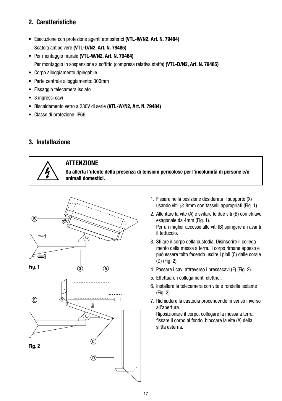 Caratteristiche, Installazione, Attenzione | Eneo VTL-W/N2 User Manual | Page 17 / 24