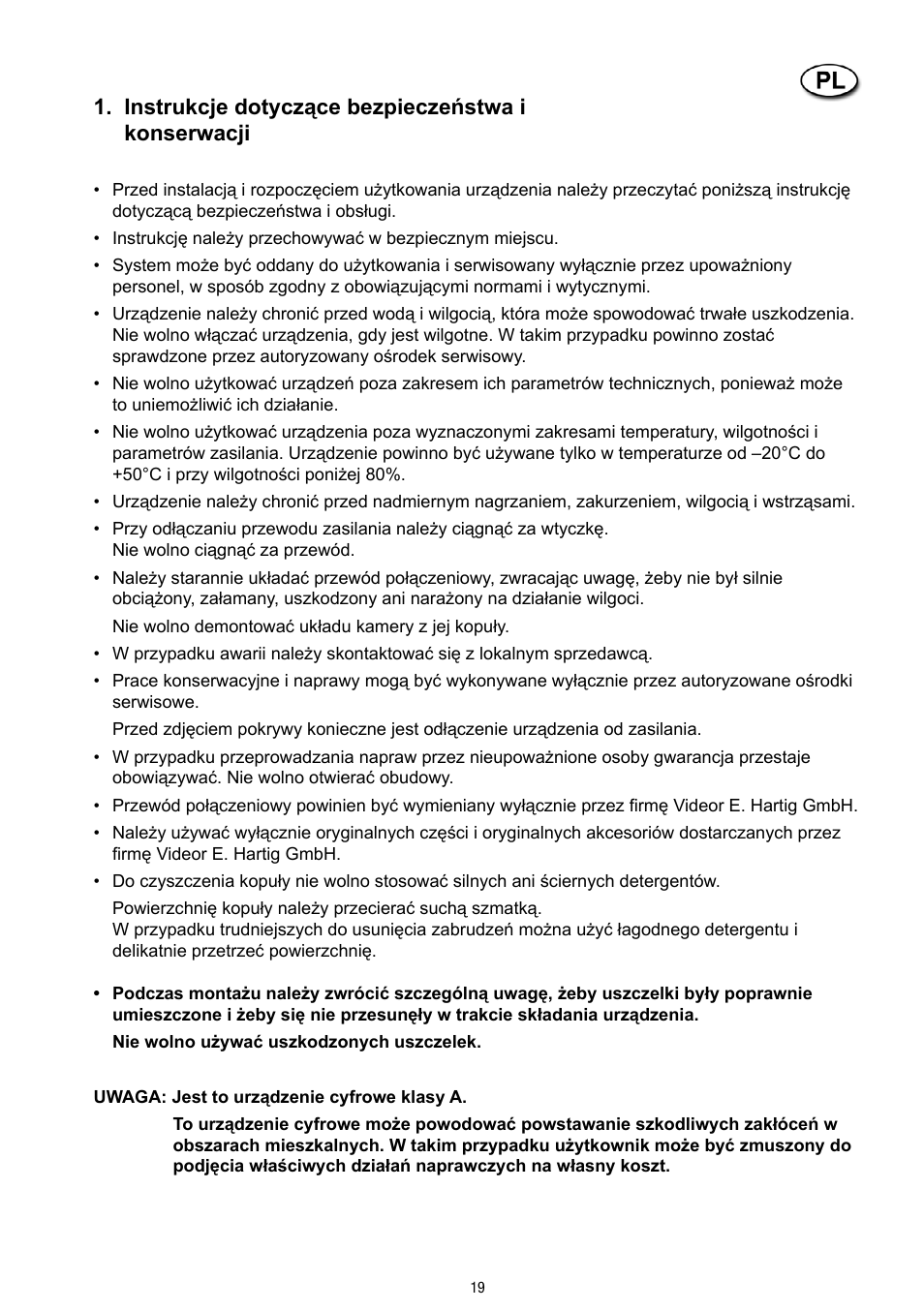 Instrukcje dotyczące bezpieczeństwa i konserwacji | Eneo VTL-W/N2 User Manual | Page 19 / 24