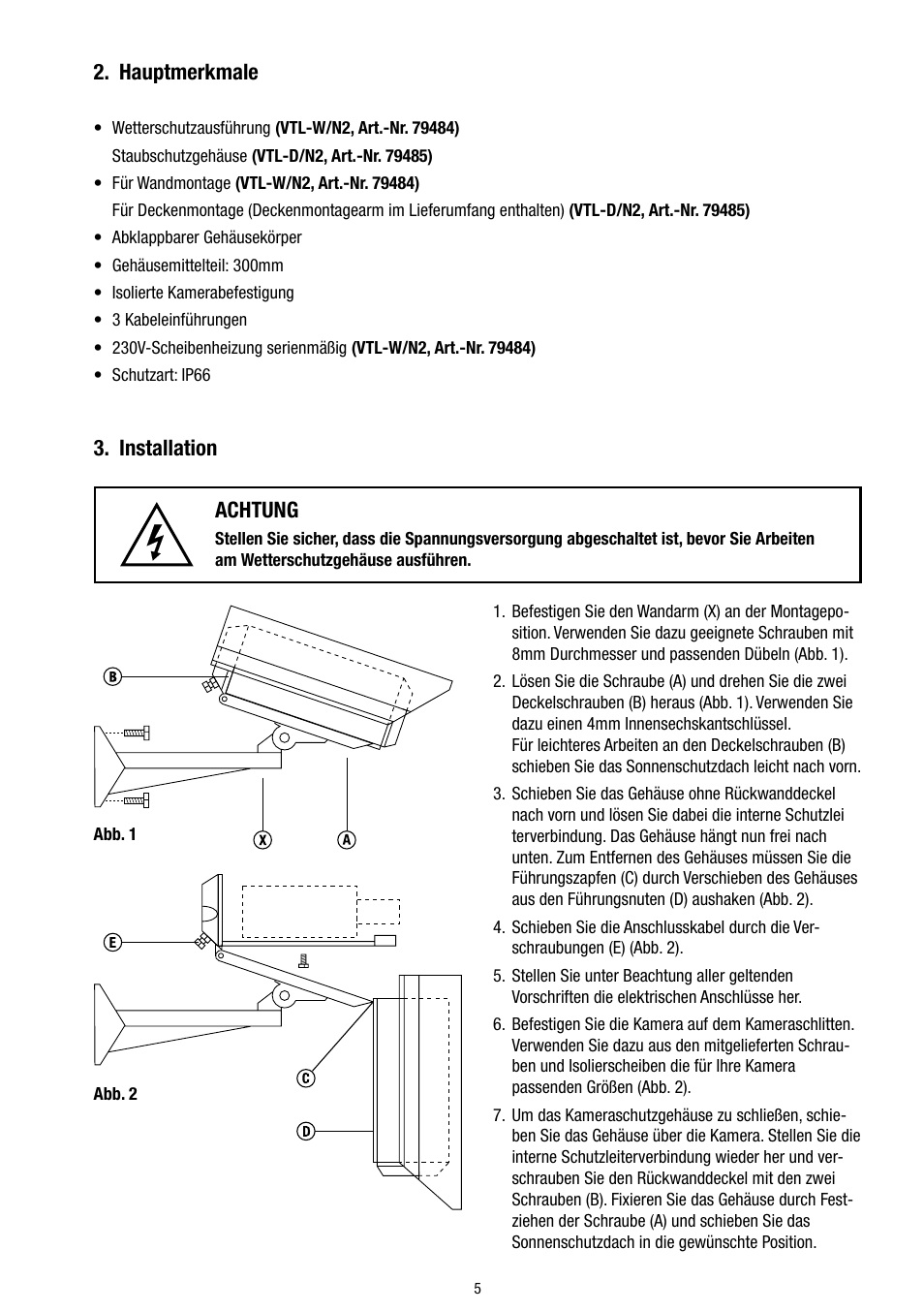 Hauptmerkmale, Installation, Achtung | Eneo VTL-W/N2 User Manual | Page 5 / 24