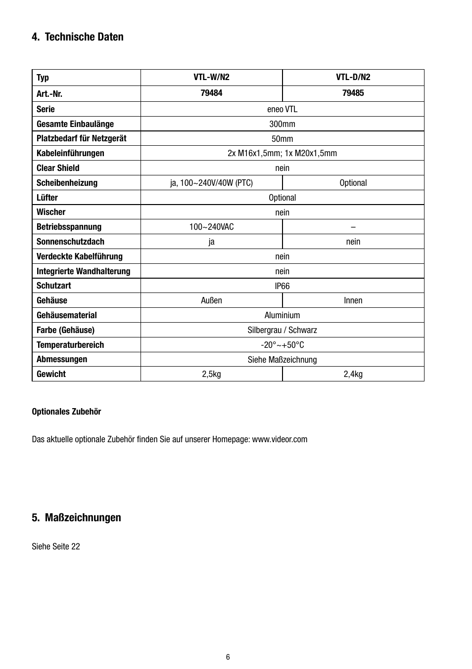 Technische daten, Maßzeichnungen | Eneo VTL-W/N2 User Manual | Page 6 / 24