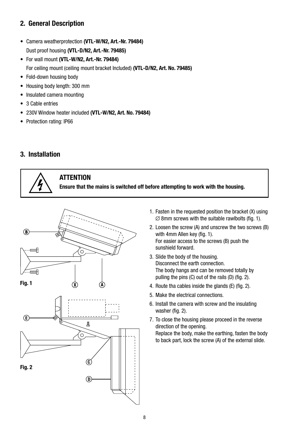 General description, Installation, Attention | Eneo VTL-W/N2 User Manual | Page 8 / 24