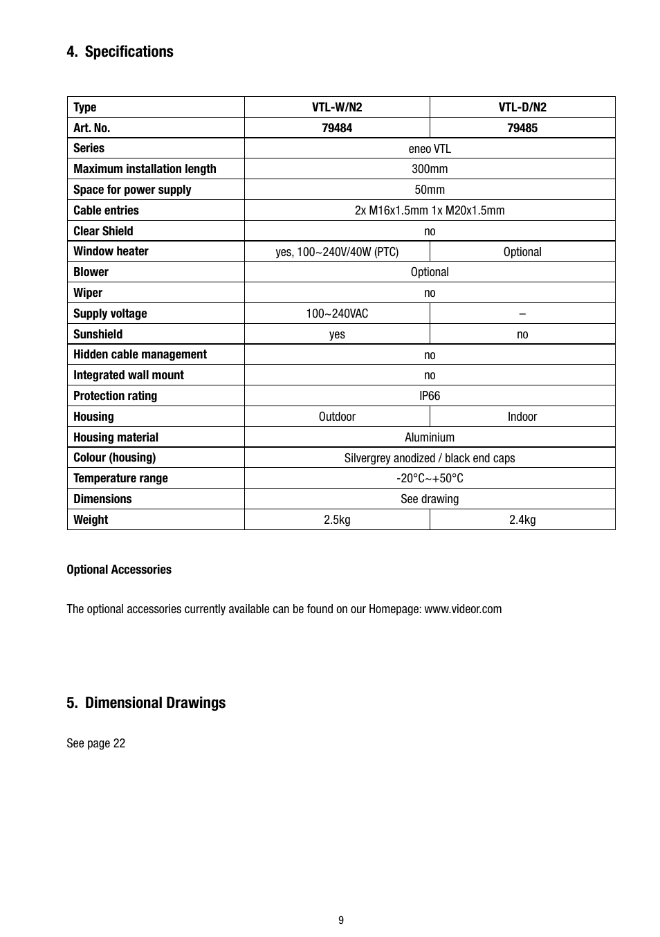 Specifications, Dimensional drawings | Eneo VTL-W/N2 User Manual | Page 9 / 24
