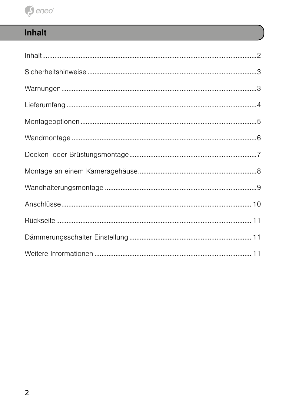 Inhalt | Eneo IRLED-401E User Manual | Page 2 / 52