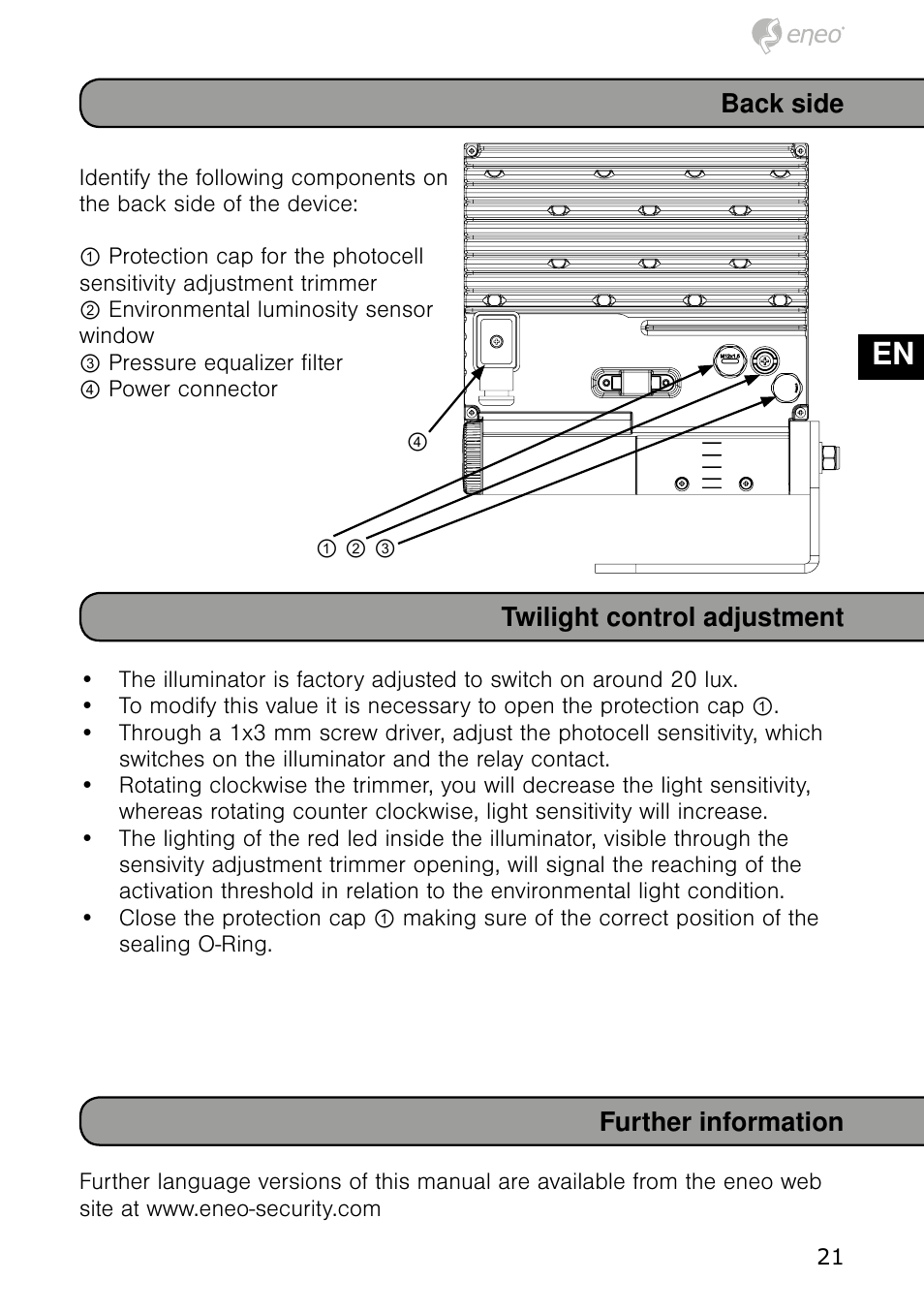 De en fr pl ru, Further information, Twilight control adjustment back side | Eneo IRLED-401E User Manual | Page 21 / 52