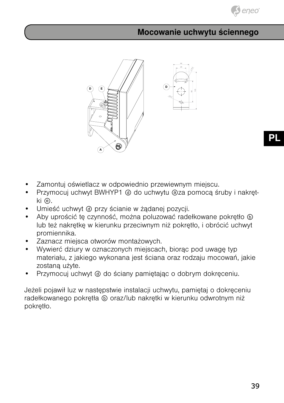 De en fr pl ru, Mocowanie uchwytu ściennego | Eneo IRLED-401E User Manual | Page 39 / 52