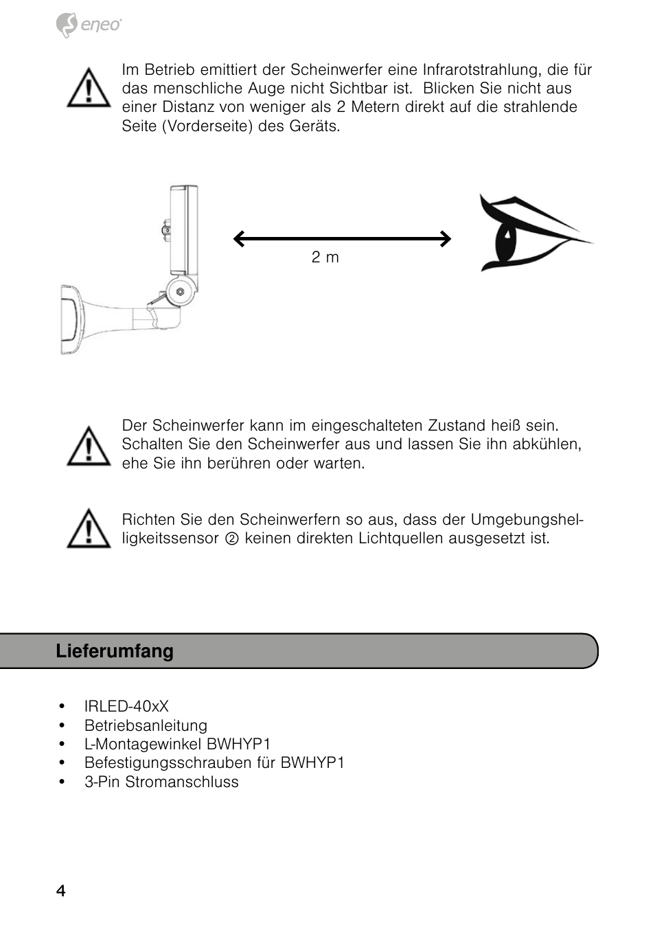 Lieferumfang | Eneo IRLED-401E User Manual | Page 4 / 52