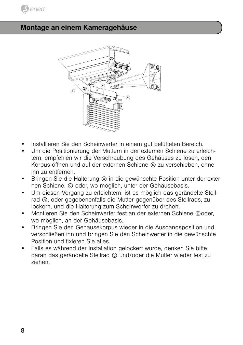 Montage an einem kameragehäuse | Eneo IRLED-401E User Manual | Page 8 / 52