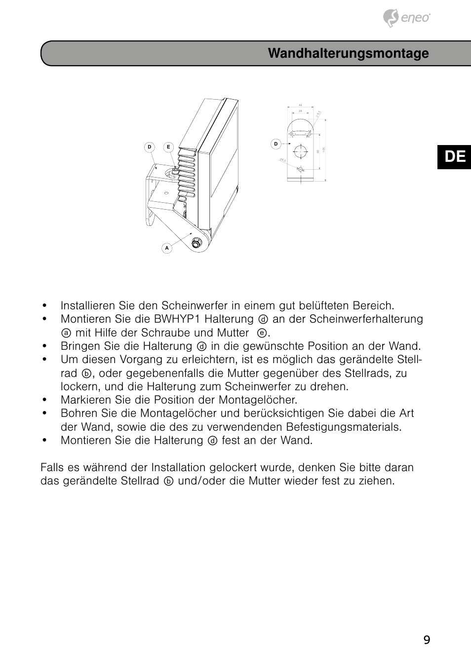 De en fr pl ru, Wandhalterungsmontage | Eneo IRLED-401E User Manual | Page 9 / 52