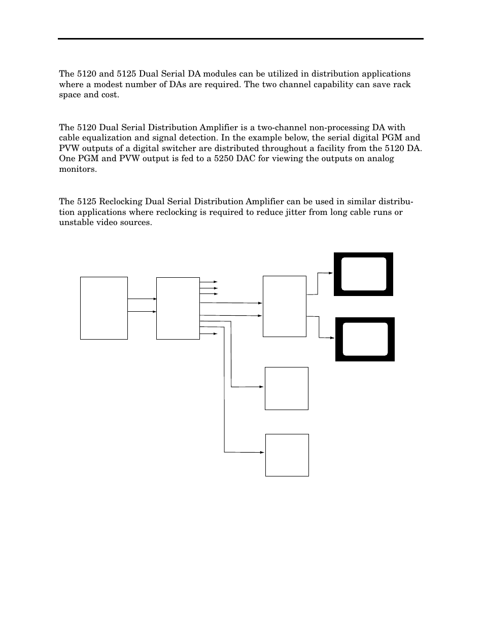 Applications, 5120 dual serial da, 5125 reclocking dual serial da | Ensemble Designs 5120 Dual Digital Video Distribution Amplifiers User Manual | Page 3 / 12