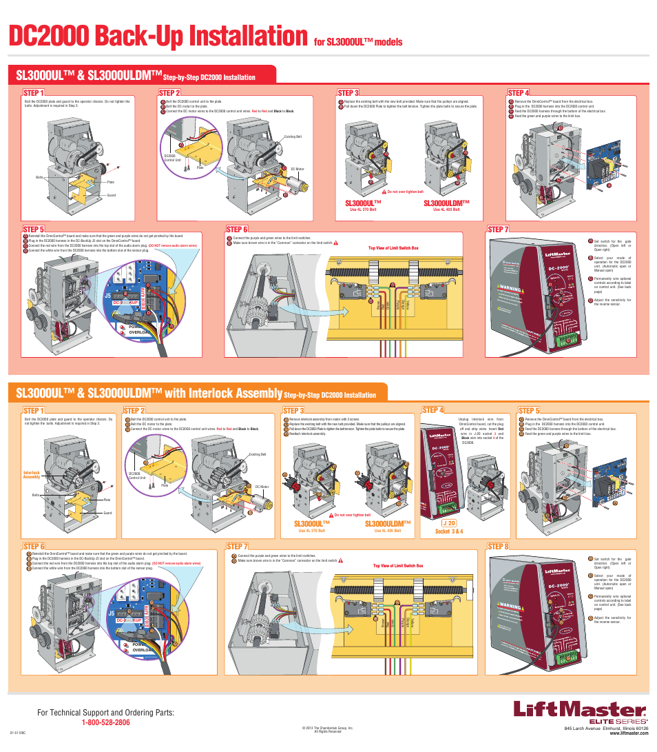 Dc2000 back-up installation for sl3000ul™ models, Dc2000 back-up installation, W4 off on | Off on w4, For sl3000ul™ models, Sl3000ul, Sl3000uldm, Step-by-step dc2000 installation | Chamberlain DC2000 User Manual | Page 2 / 2