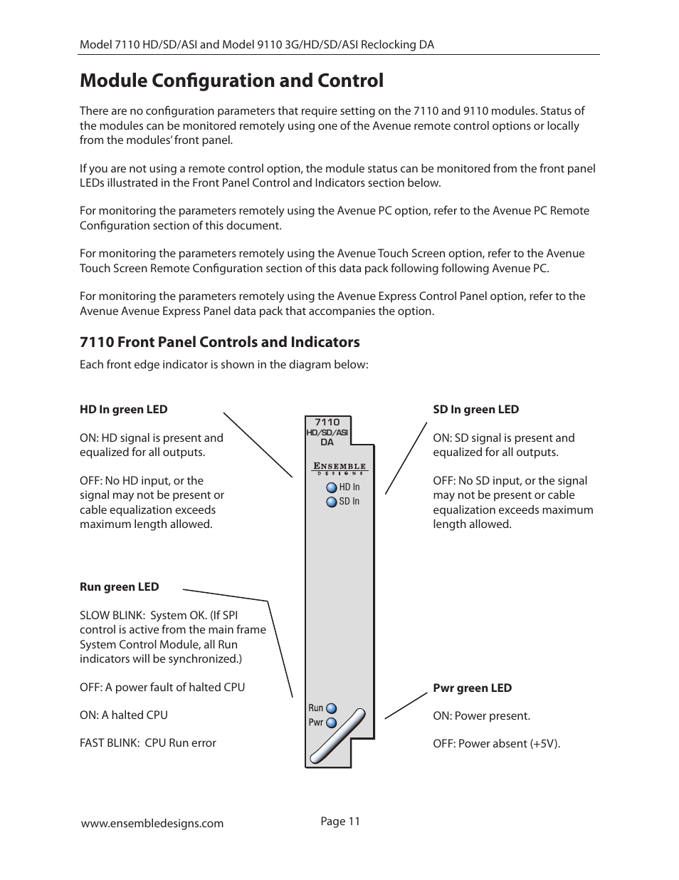 Module configuration and control, 7110 front panel controls and indicators | Ensemble Designs 7110 HD/SD/ASI Reclocking Distribution Amplifier User Manual | Page 11 / 27