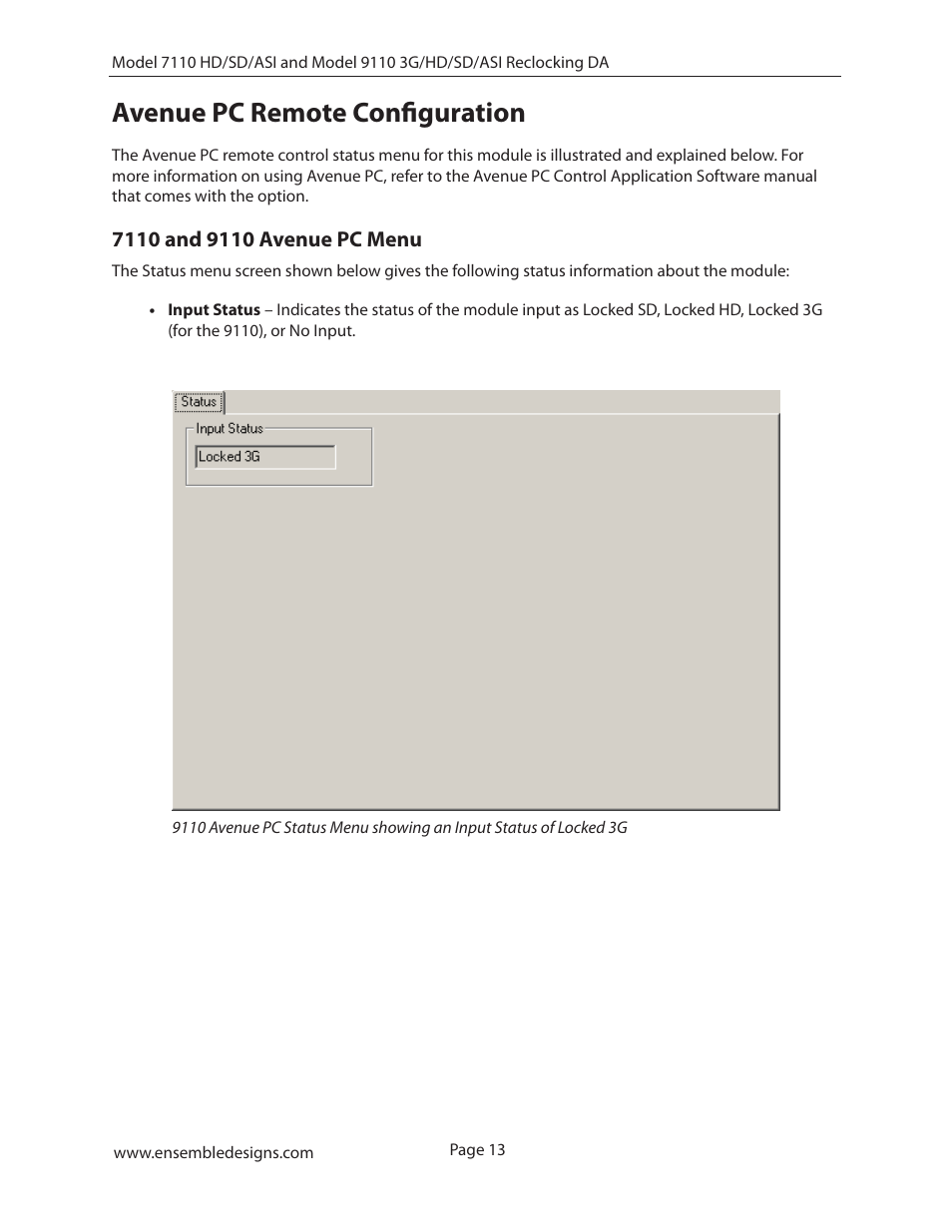 Avenue pc remote configuration, 7110 and 9110 avenue pc menu | Ensemble Designs 7110 HD/SD/ASI Reclocking Distribution Amplifier User Manual | Page 13 / 27