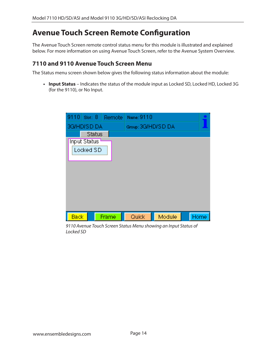 Avenue touch screen remote configuration, 7110 and 9110 avenue touch screen menu | Ensemble Designs 7110 HD/SD/ASI Reclocking Distribution Amplifier User Manual | Page 14 / 27