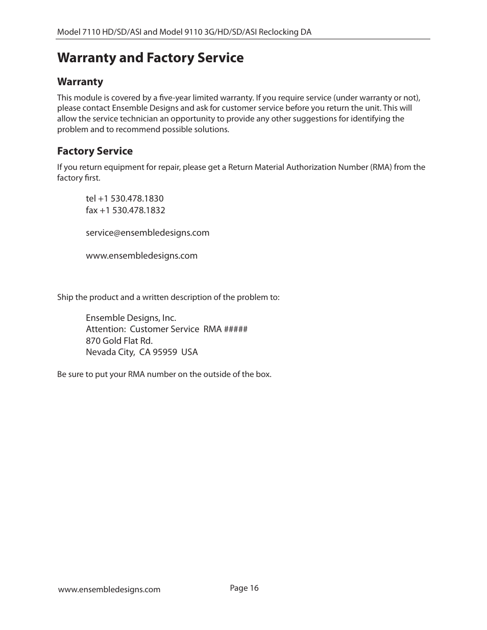 Warranty and factory service, Warranty, Factory service | Warranty 16 | Ensemble Designs 7110 HD/SD/ASI Reclocking Distribution Amplifier User Manual | Page 16 / 27