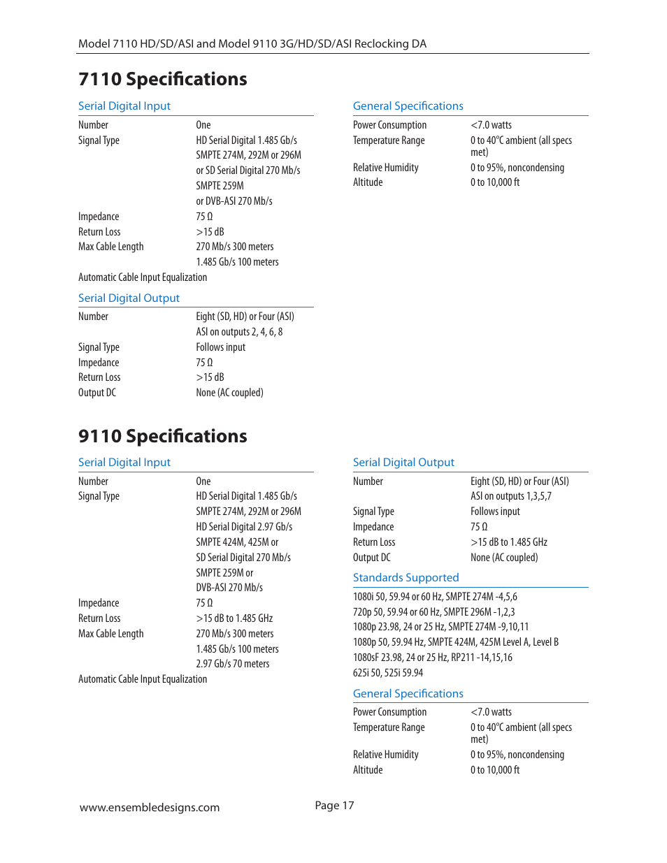 7110 specifications, 9110 specifications | Ensemble Designs 7110 HD/SD/ASI Reclocking Distribution Amplifier User Manual | Page 17 / 27
