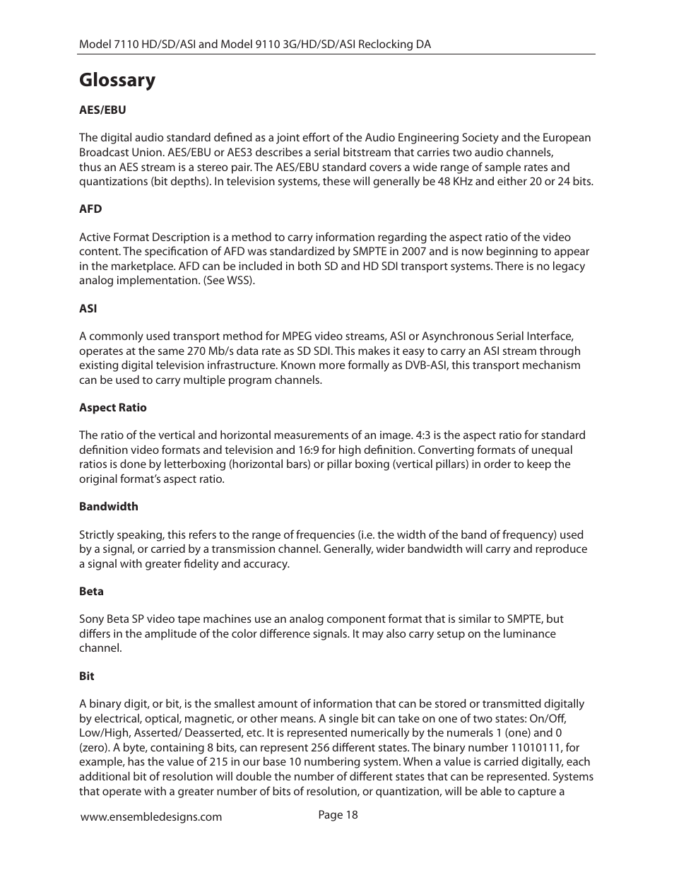 Glossary, Glossary 18 | Ensemble Designs 7110 HD/SD/ASI Reclocking Distribution Amplifier User Manual | Page 18 / 27