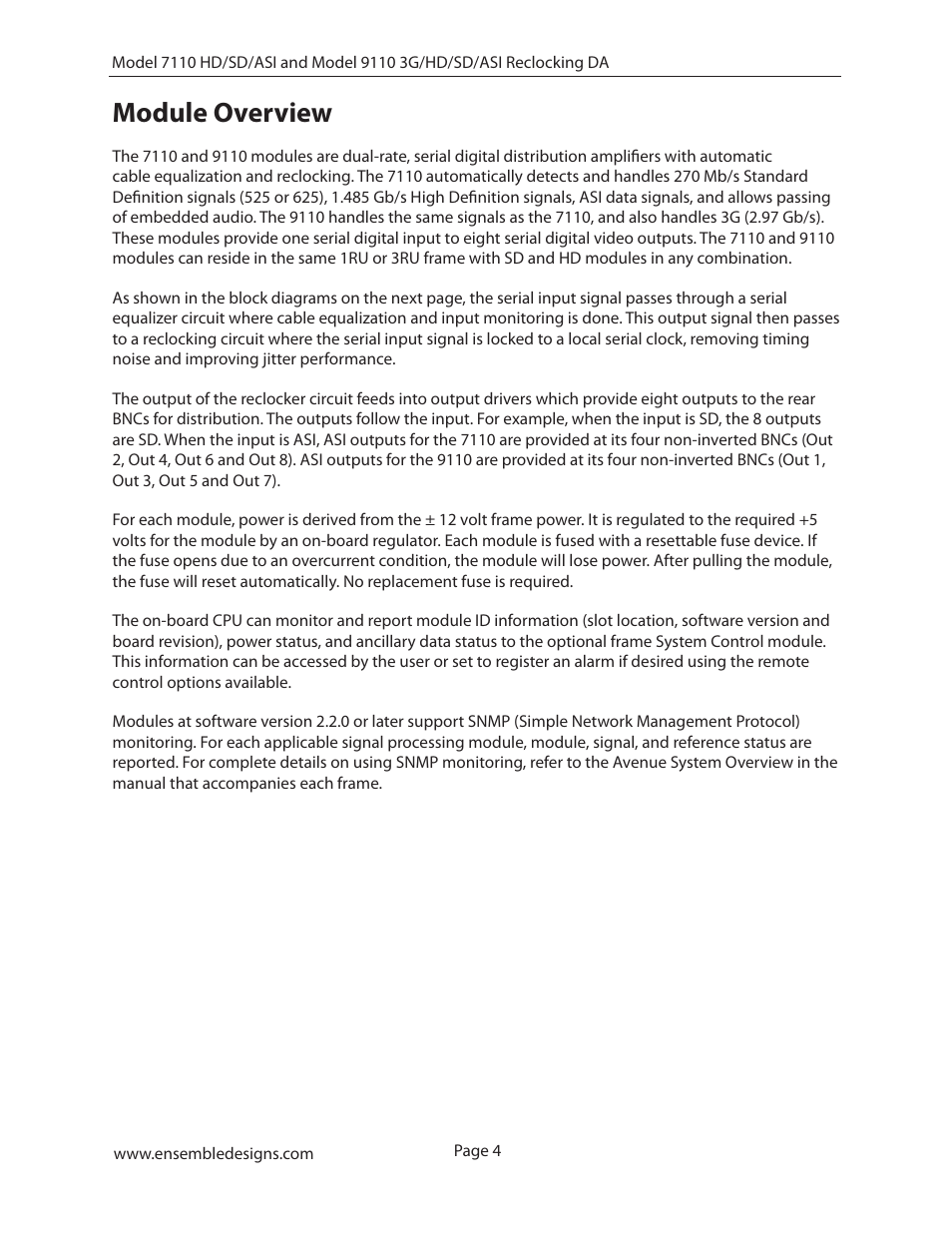 Module overview | Ensemble Designs 7110 HD/SD/ASI Reclocking Distribution Amplifier User Manual | Page 4 / 27