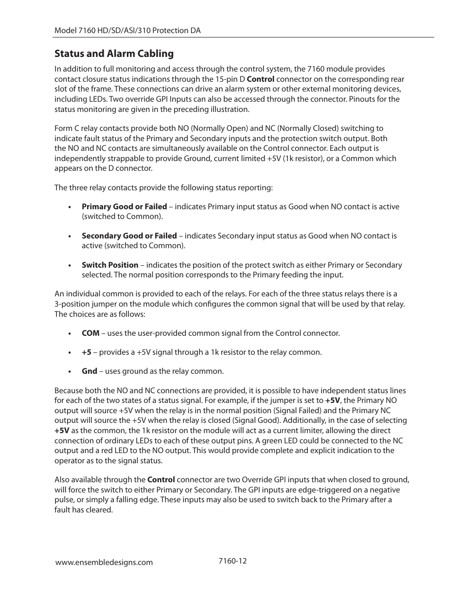 Status and alarm cabling | Ensemble Designs 7160 Serial Digital Protection DA User Manual | Page 12 / 43