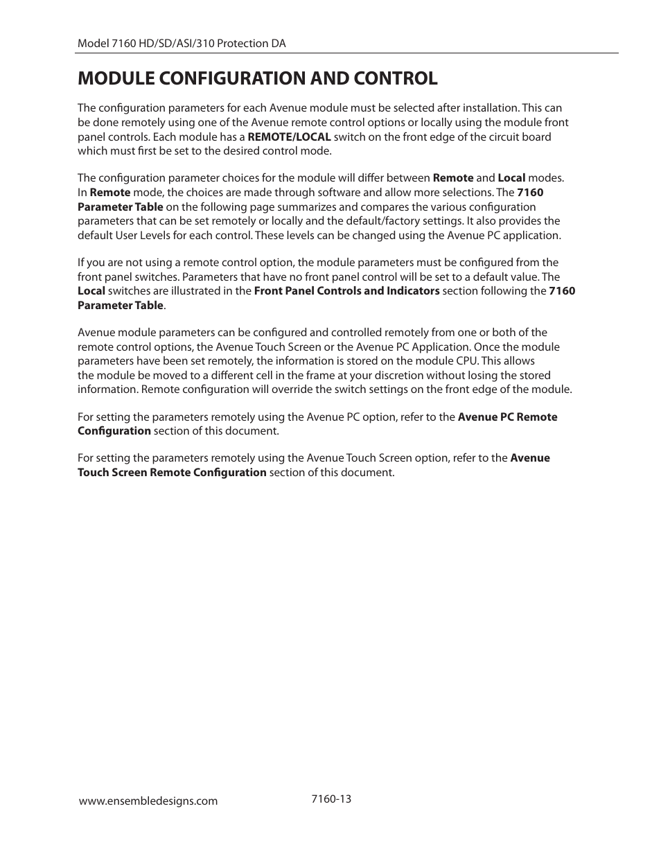 Module configuration and control | Ensemble Designs 7160 Serial Digital Protection DA User Manual | Page 13 / 43