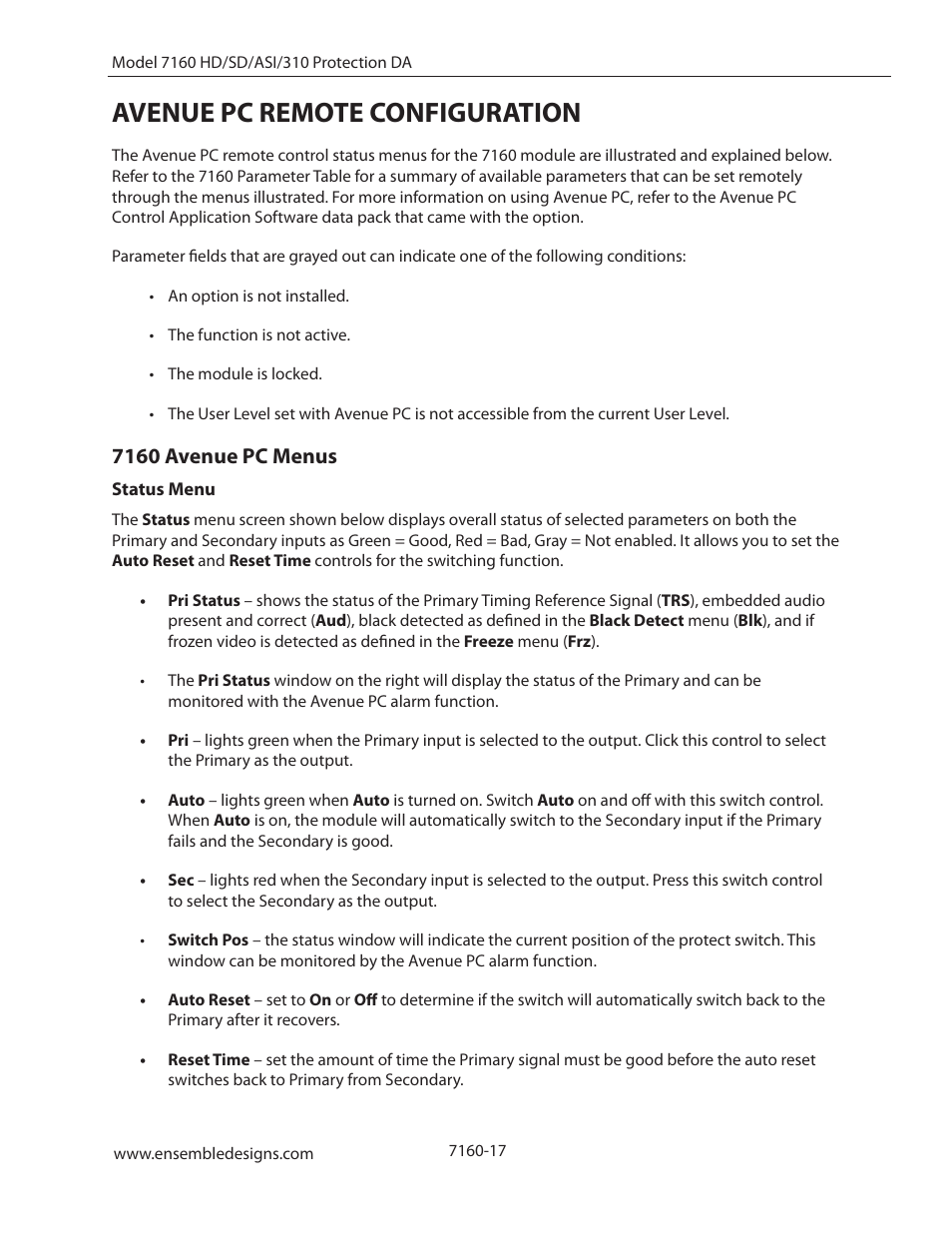 Avenue pc remote configuration, 7160 avenue pc menus, Status menu | Ensemble Designs 7160 Serial Digital Protection DA User Manual | Page 17 / 43