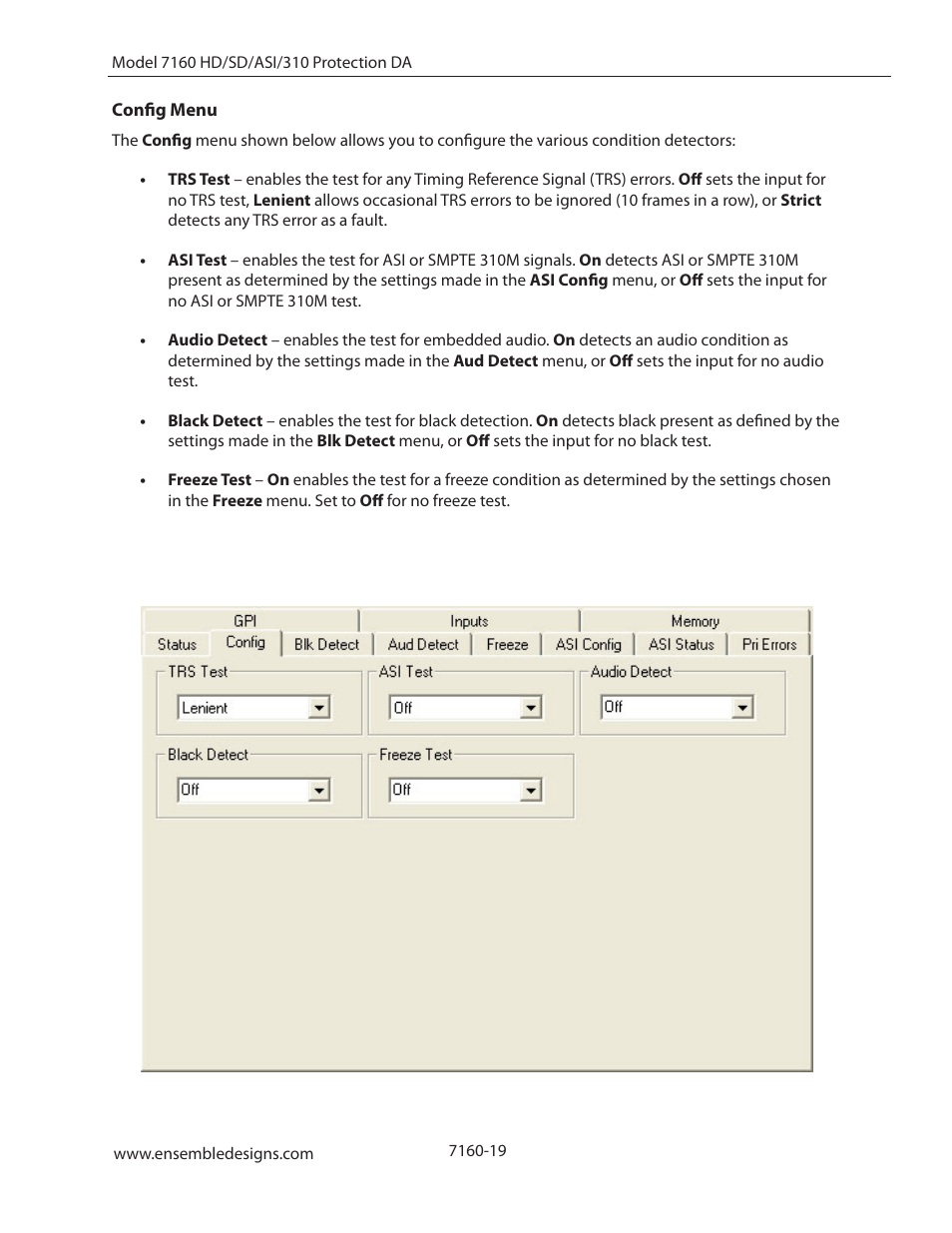 Config menu | Ensemble Designs 7160 Serial Digital Protection DA User Manual | Page 19 / 43