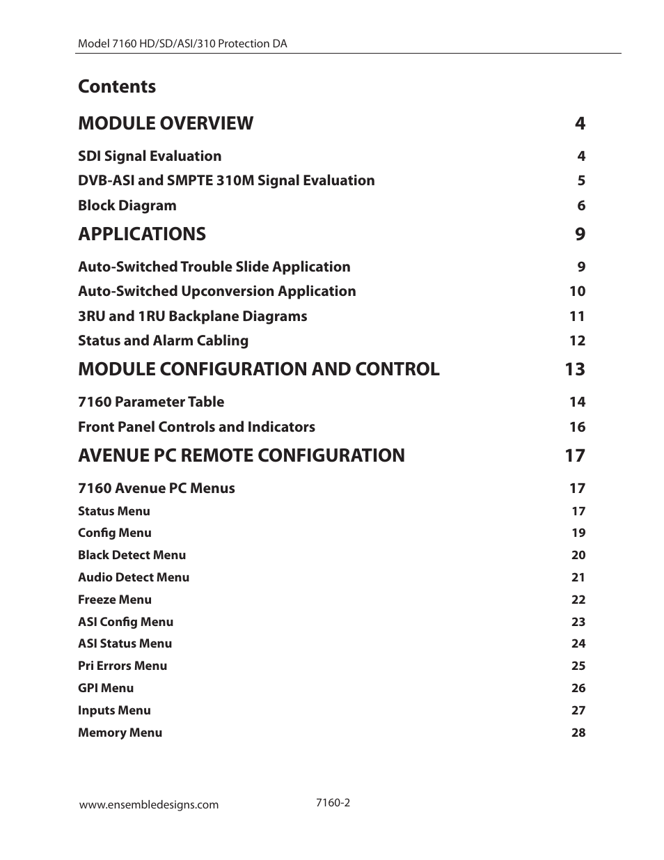 Contents module overview 4, Applications 9, Module configuration and control 13 | Avenue pc remote configuration 17 | Ensemble Designs 7160 Serial Digital Protection DA User Manual | Page 2 / 43