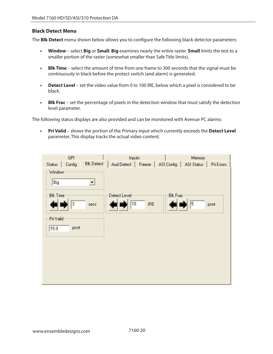 Black detect menu | Ensemble Designs 7160 Serial Digital Protection DA User Manual | Page 20 / 43
