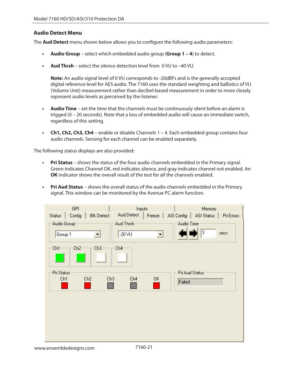 Audio detect menu | Ensemble Designs 7160 Serial Digital Protection DA User Manual | Page 21 / 43