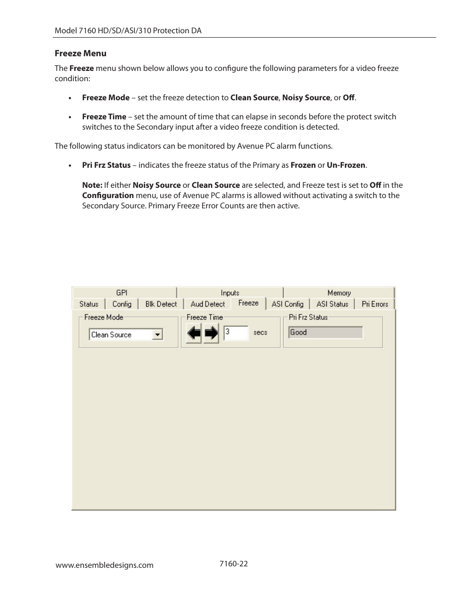Freeze menu | Ensemble Designs 7160 Serial Digital Protection DA User Manual | Page 22 / 43