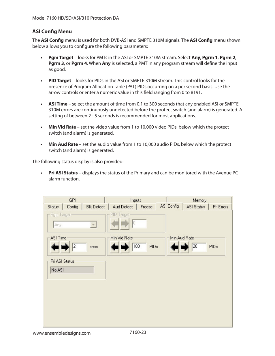 Asi config menu | Ensemble Designs 7160 Serial Digital Protection DA User Manual | Page 23 / 43