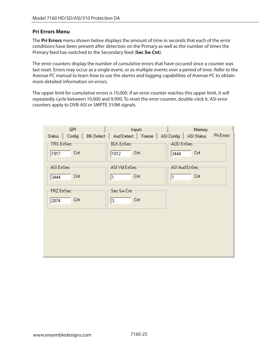 Pri errors menu | Ensemble Designs 7160 Serial Digital Protection DA User Manual | Page 25 / 43