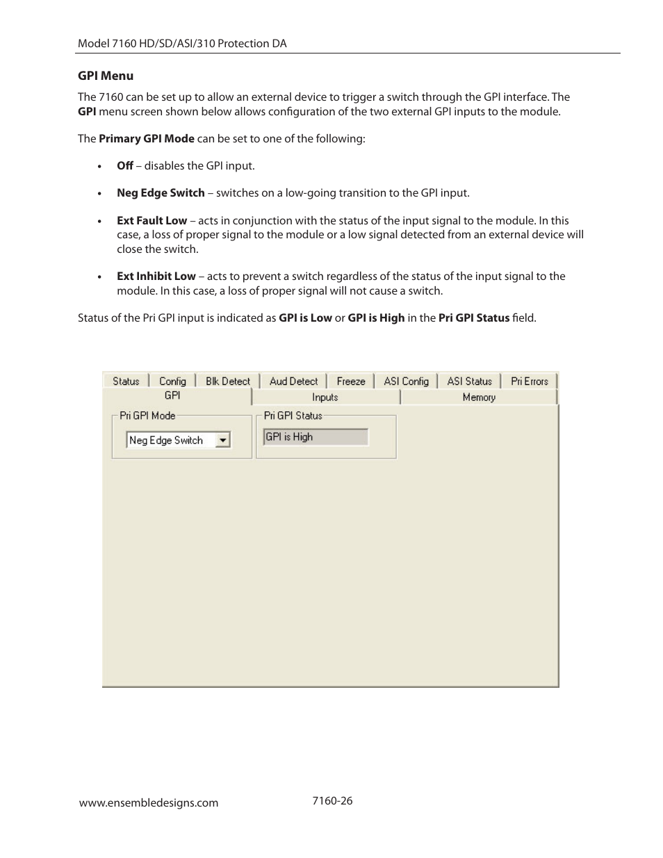 Gpi menu | Ensemble Designs 7160 Serial Digital Protection DA User Manual | Page 26 / 43