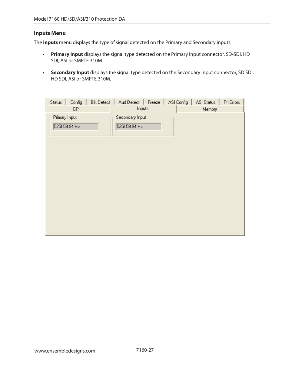 Inputs menu | Ensemble Designs 7160 Serial Digital Protection DA User Manual | Page 27 / 43