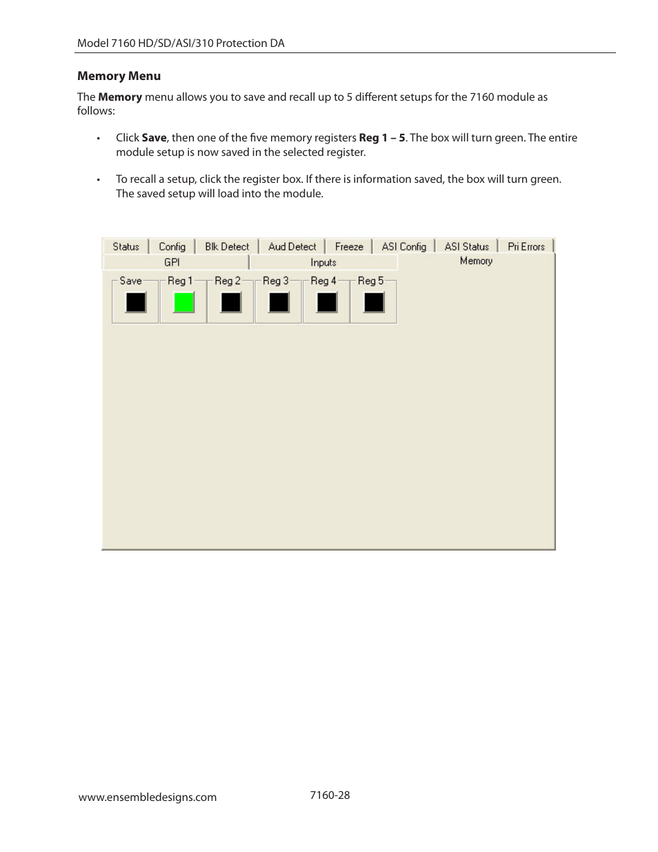 Memory menu | Ensemble Designs 7160 Serial Digital Protection DA User Manual | Page 28 / 43