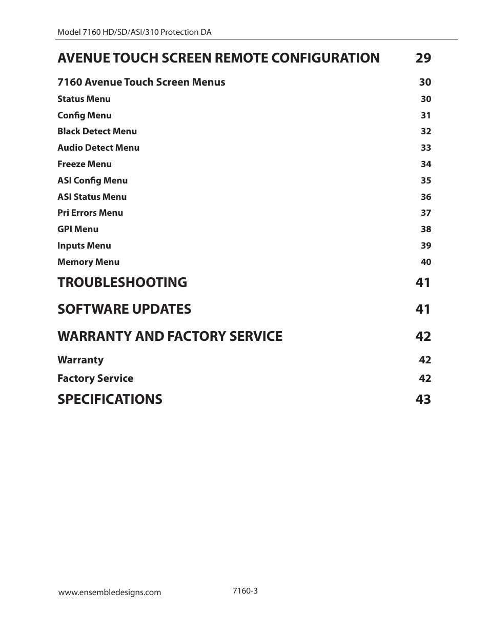Avenue touch screen remote configuration 29, Specifications 43 | Ensemble Designs 7160 Serial Digital Protection DA User Manual | Page 3 / 43