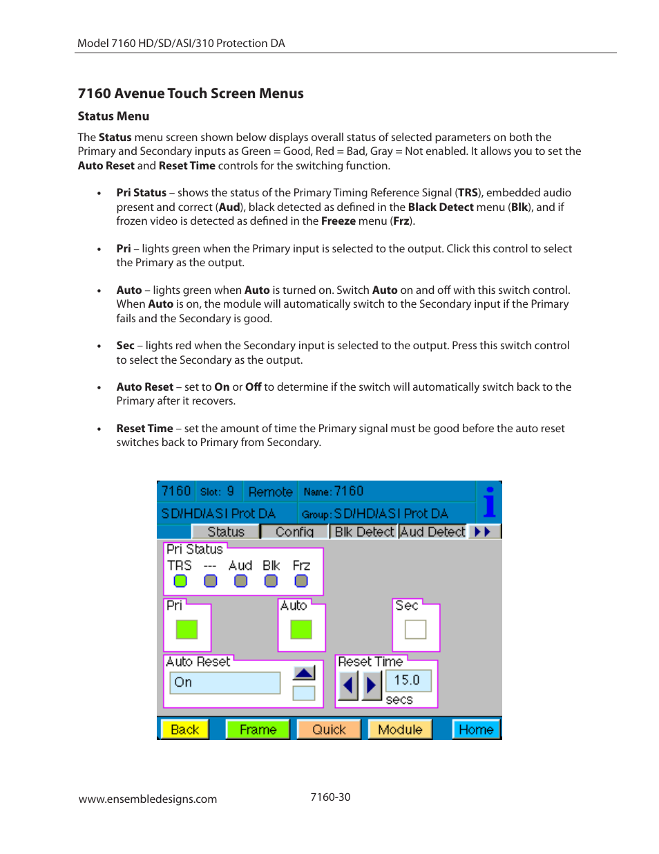 7160 avenue touch screen menus, Status menu | Ensemble Designs 7160 Serial Digital Protection DA User Manual | Page 30 / 43