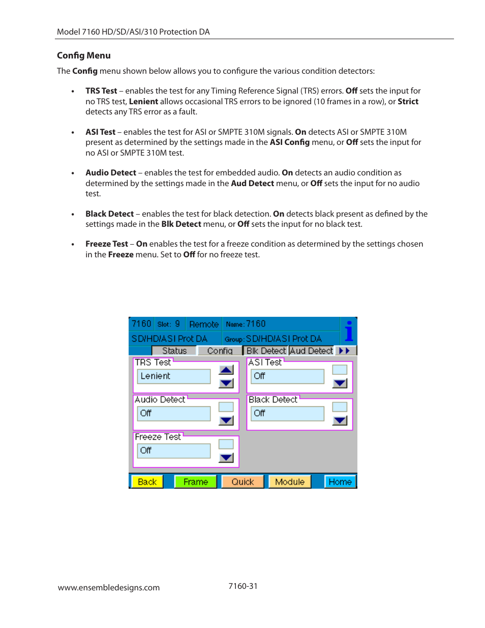 Config menu | Ensemble Designs 7160 Serial Digital Protection DA User Manual | Page 31 / 43