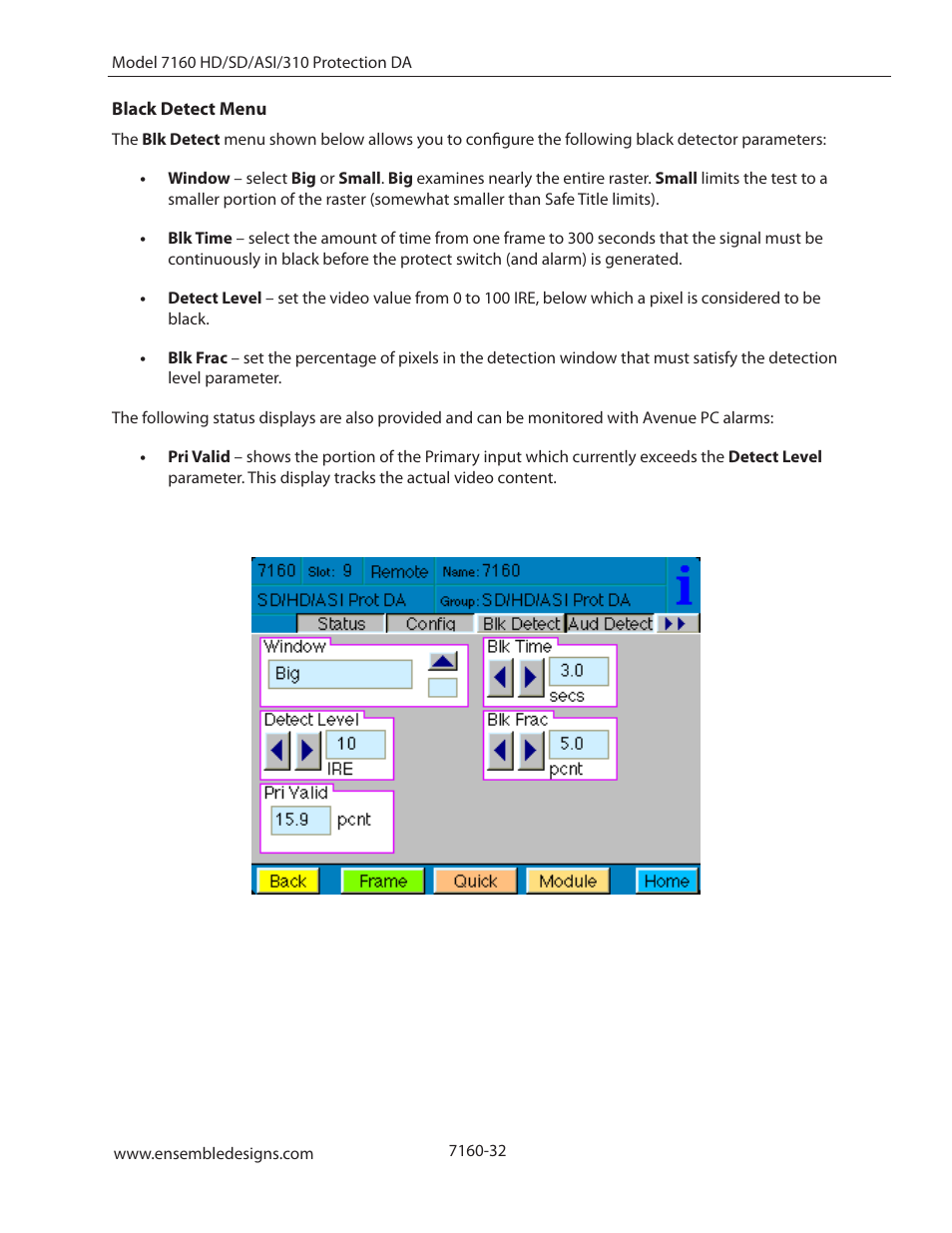 Black detect menu | Ensemble Designs 7160 Serial Digital Protection DA User Manual | Page 32 / 43