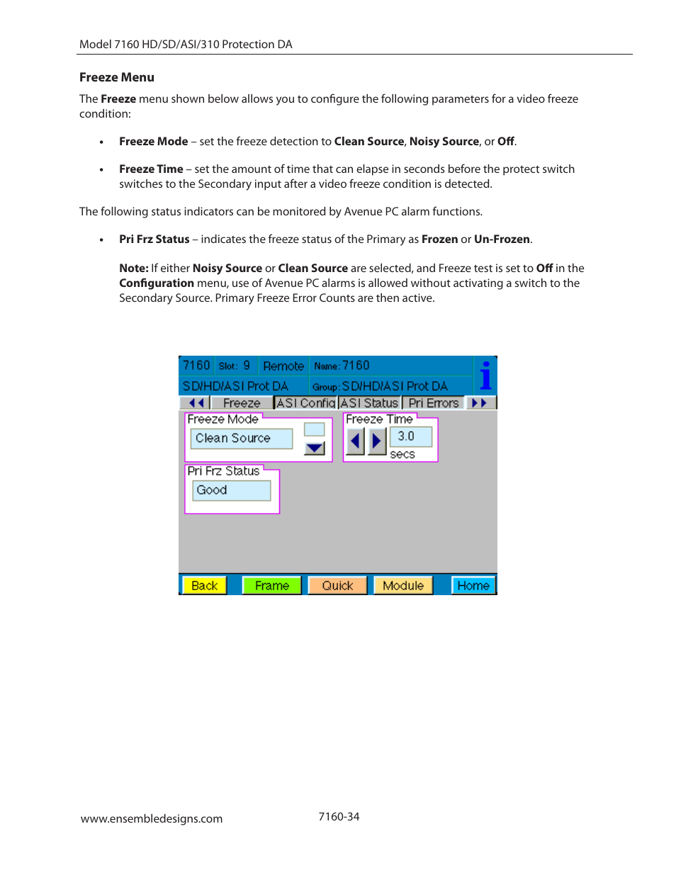 Freeze menu | Ensemble Designs 7160 Serial Digital Protection DA User Manual | Page 34 / 43