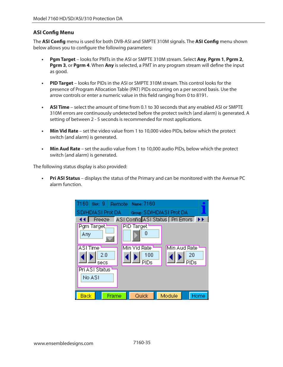 Asi config menu | Ensemble Designs 7160 Serial Digital Protection DA User Manual | Page 35 / 43