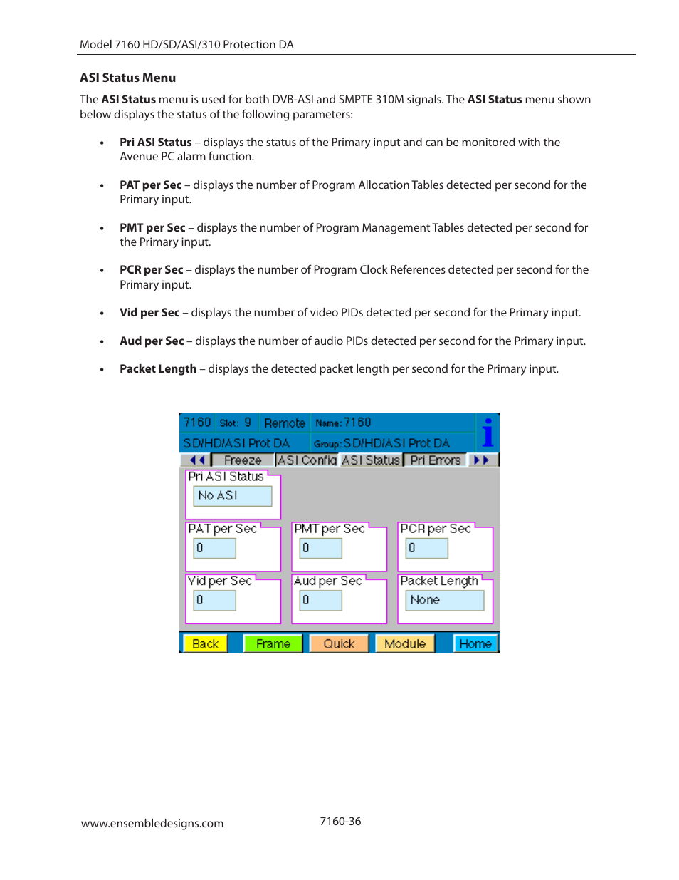 Asi status menu | Ensemble Designs 7160 Serial Digital Protection DA User Manual | Page 36 / 43