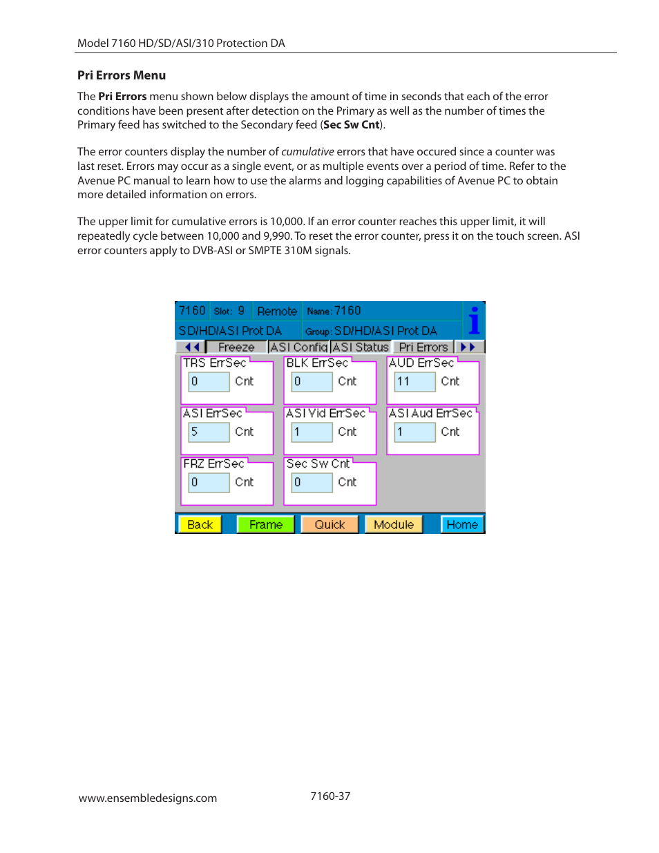 Pri errors menu | Ensemble Designs 7160 Serial Digital Protection DA User Manual | Page 37 / 43