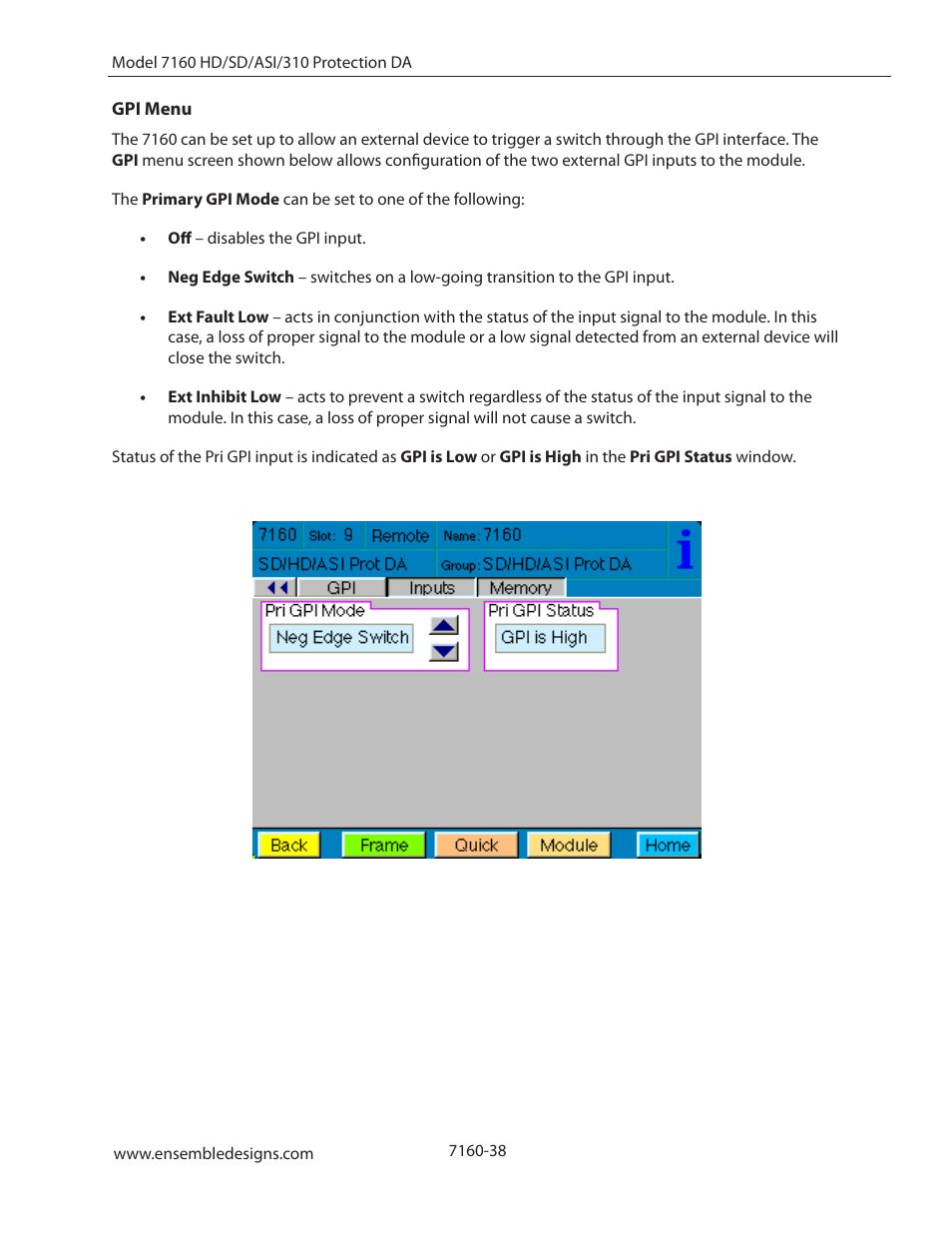 Gpi menu | Ensemble Designs 7160 Serial Digital Protection DA User Manual | Page 38 / 43