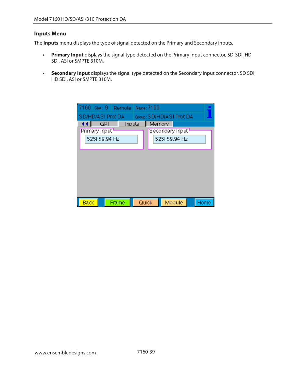 Inputs menu | Ensemble Designs 7160 Serial Digital Protection DA User Manual | Page 39 / 43