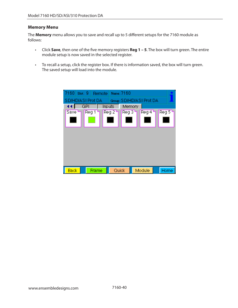 Memory menu | Ensemble Designs 7160 Serial Digital Protection DA User Manual | Page 40 / 43