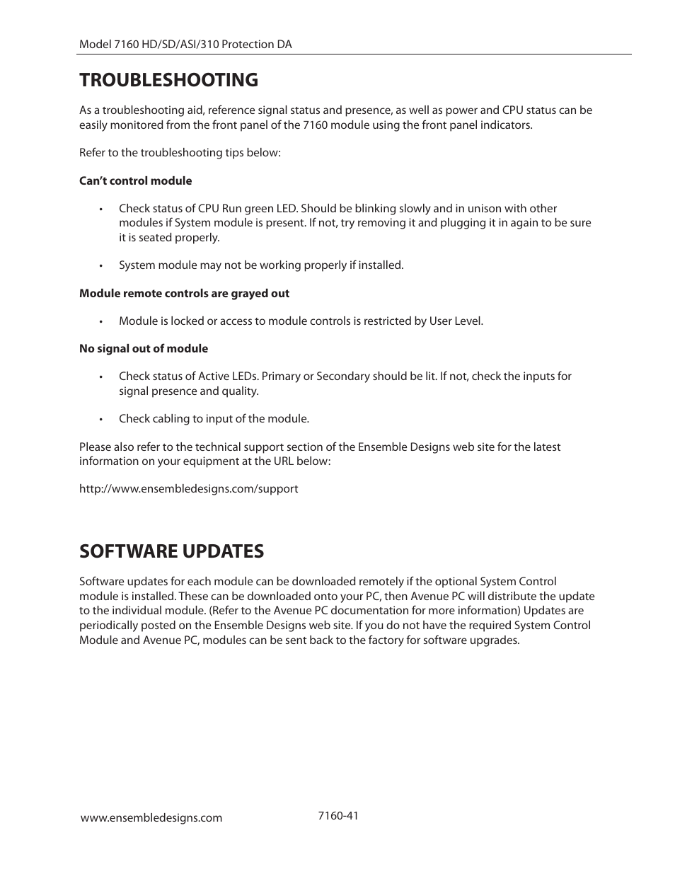 Troubleshooting, Software updates | Ensemble Designs 7160 Serial Digital Protection DA User Manual | Page 41 / 43
