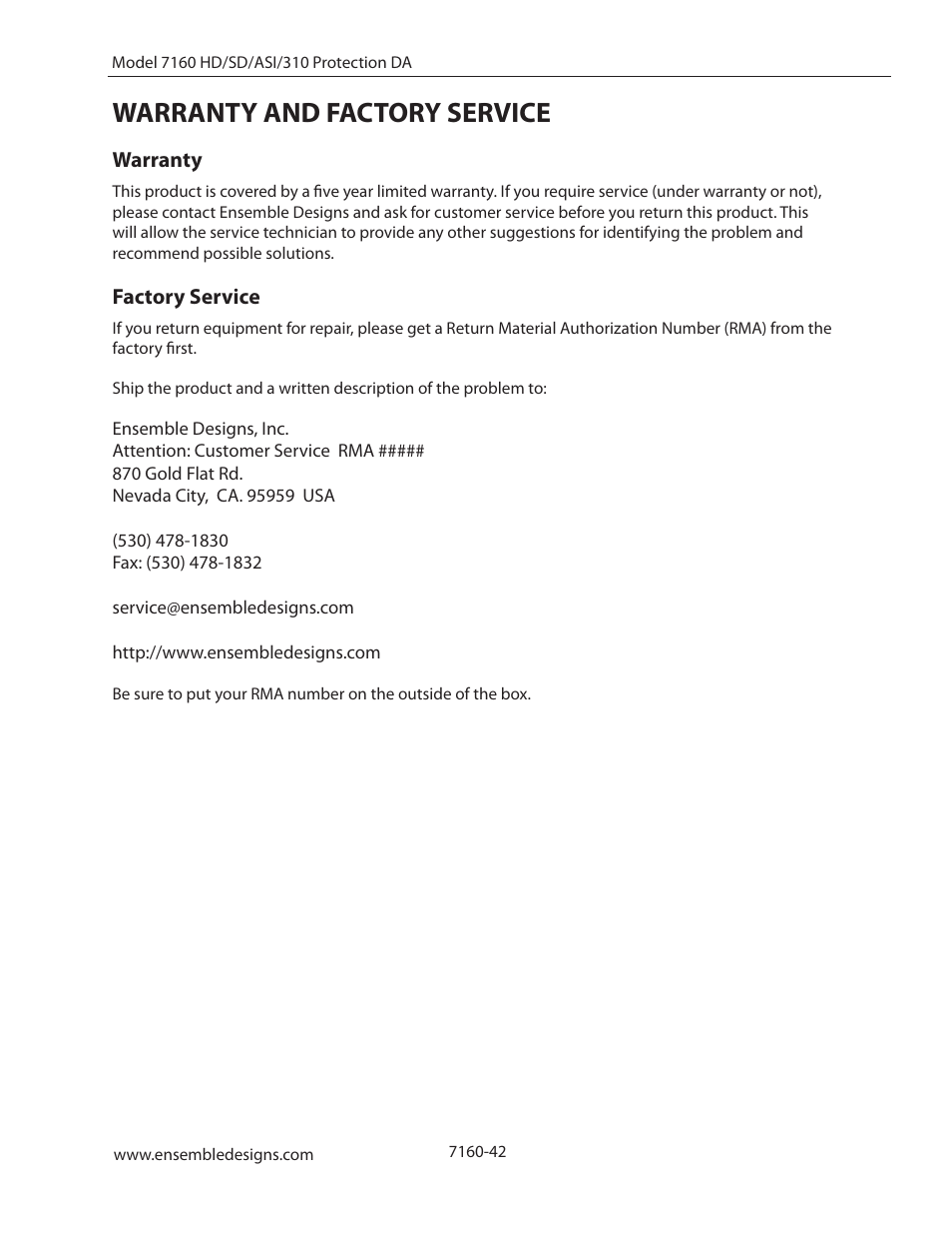 Warranty and factory service, Warranty, Factory service | Ensemble Designs 7160 Serial Digital Protection DA User Manual | Page 42 / 43