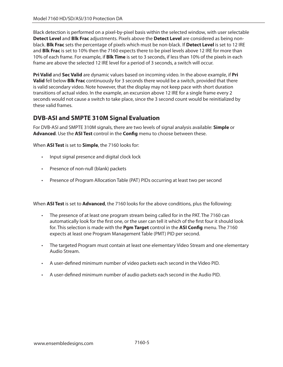 Dvb-asi and smpte 310m signal evaluation | Ensemble Designs 7160 Serial Digital Protection DA User Manual | Page 5 / 43
