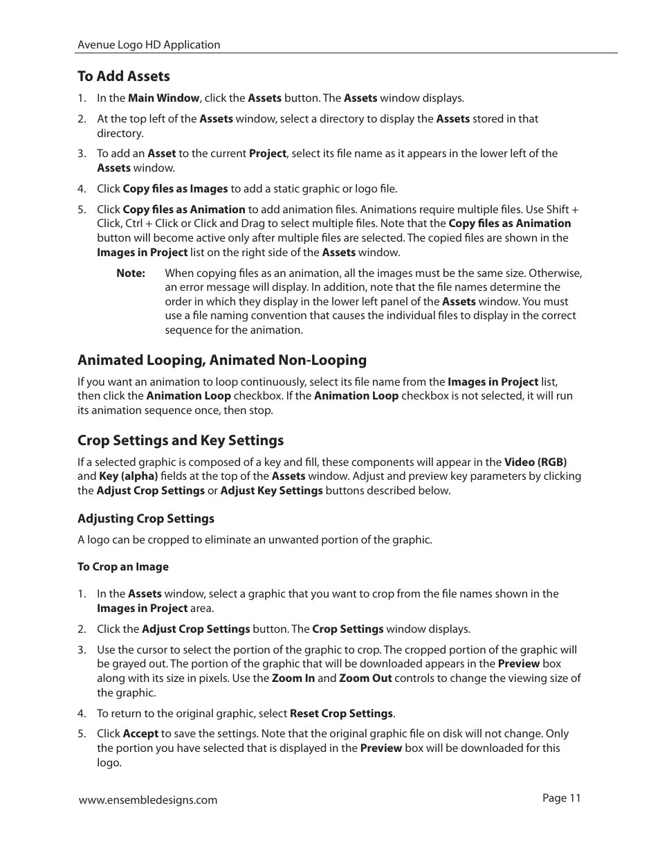 To add assets, Animated looping, animated non-looping, Crop settings and key settings | Adjusting crop settings | Ensemble Designs 7420 HD/SD Logo Inserter User Manual | Page 11 / 36